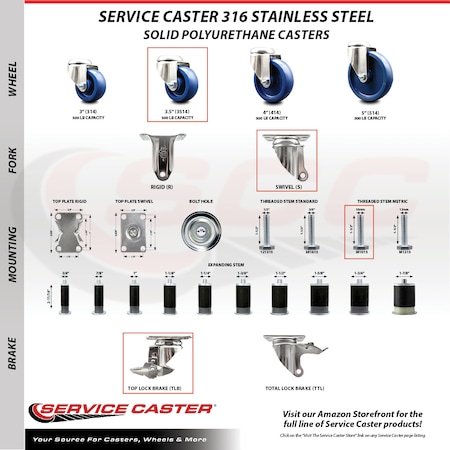 Service Caster 3.5 Inch 316SS Solid Polyurethane Swivel 10mm Stem Caster with Brake SCC SCC-SS316TS20S3514-SPUS-TLB-M1015